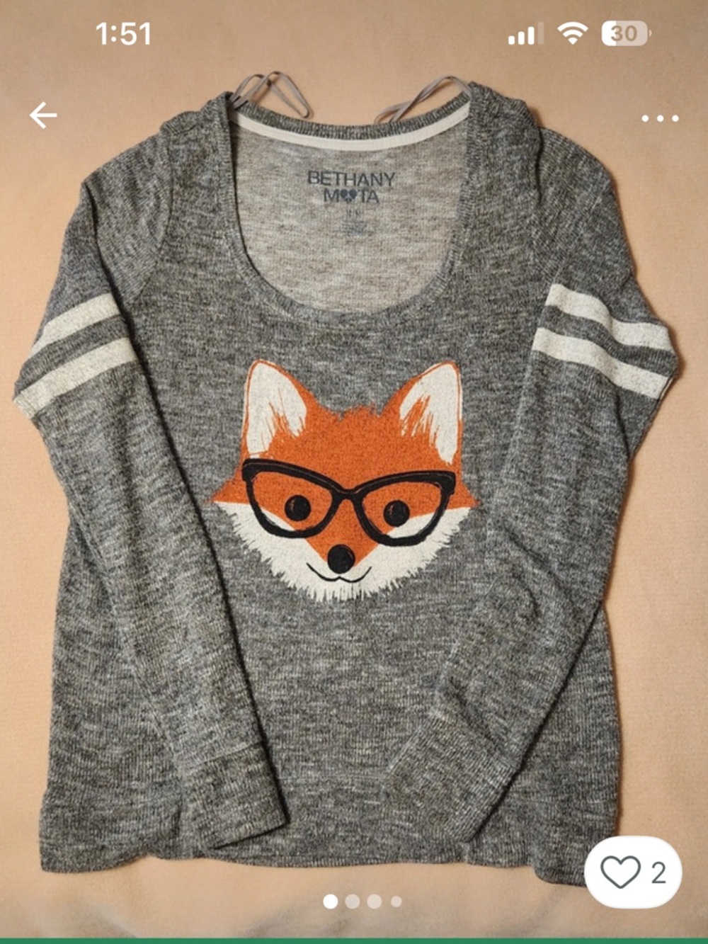 Bethany Mota Gray Fox Sweater 🦊 Glasses Graphic Lightweight Cute Whimsical